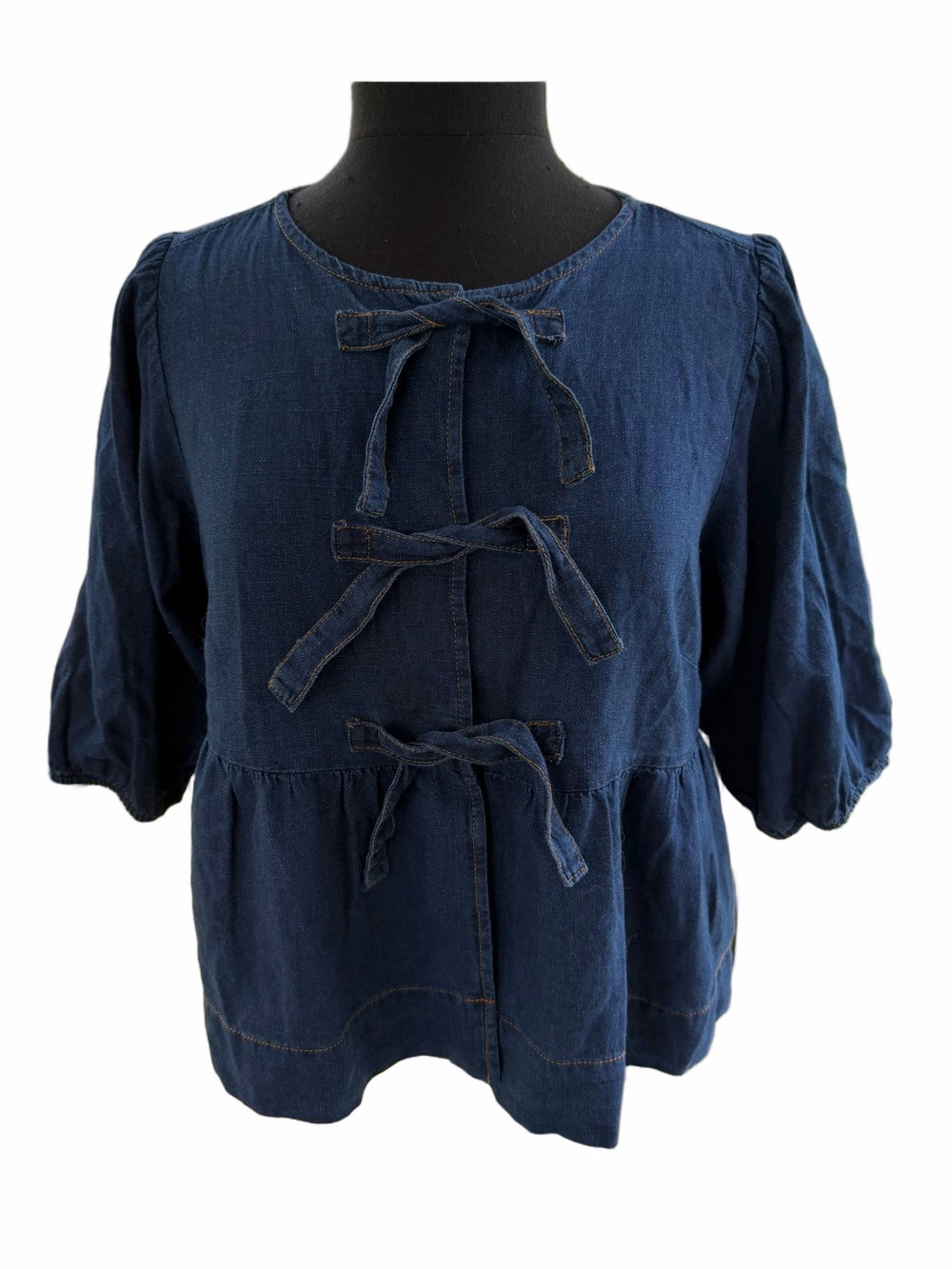 Velvet Heart Dark Denim Blue 3 Tie Front Peplum Top Puff Sleeve Size Small NWOT